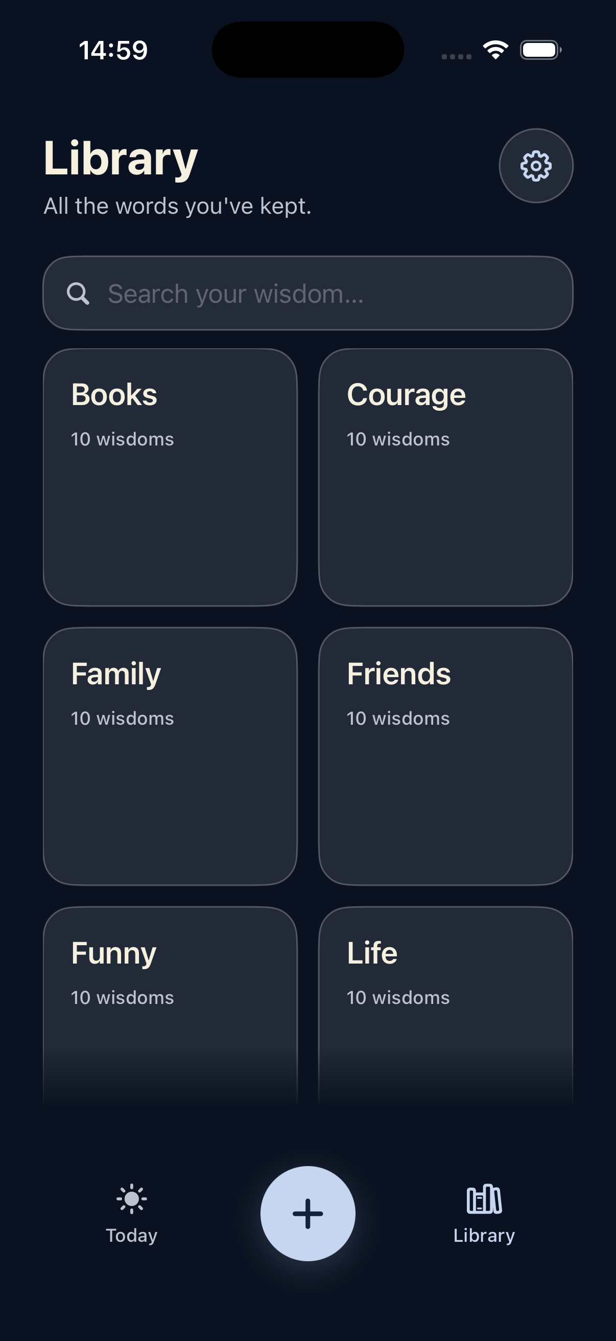Pocket Capsule Library showing fictional collections in dark mode