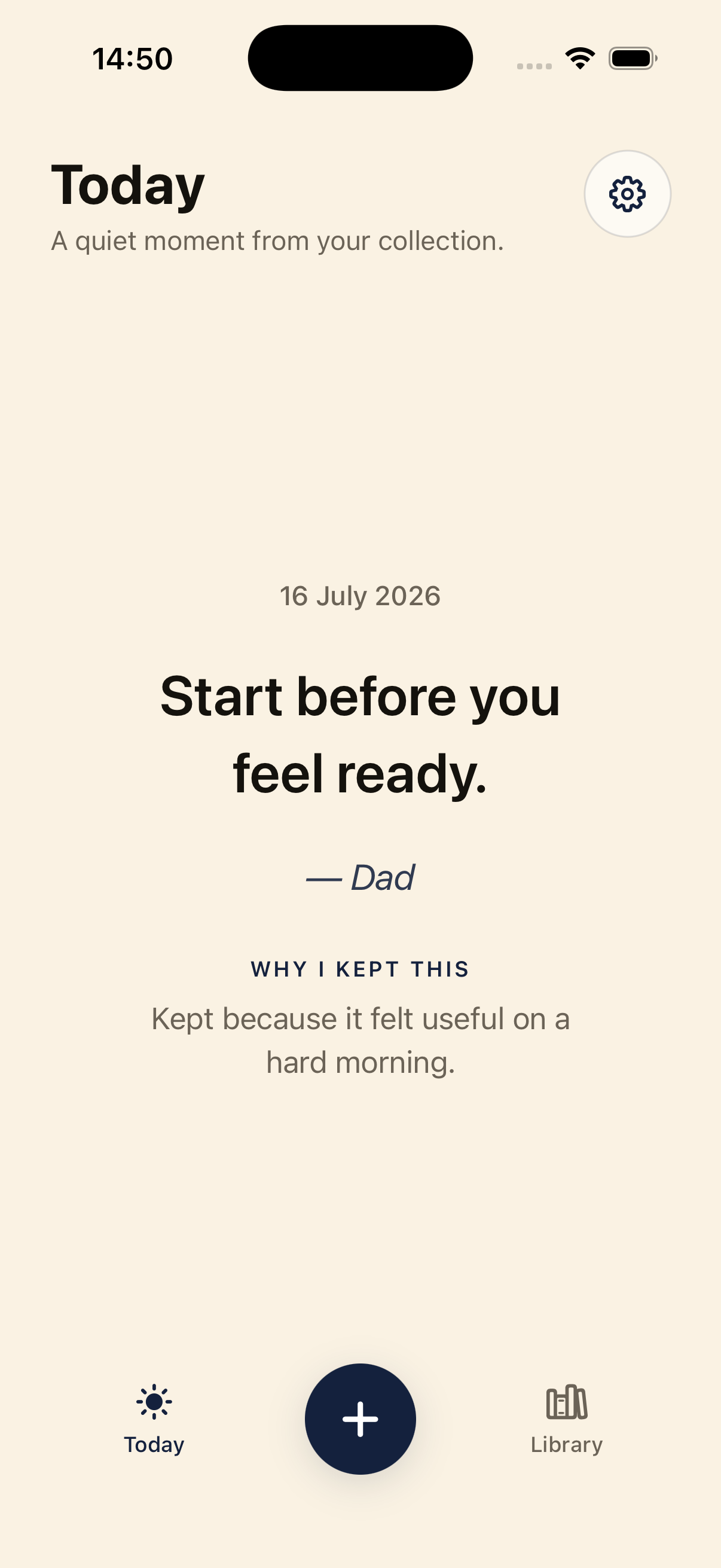 Pocket Capsule Today screen showing the fictional quote ‘Start before you feel ready.’